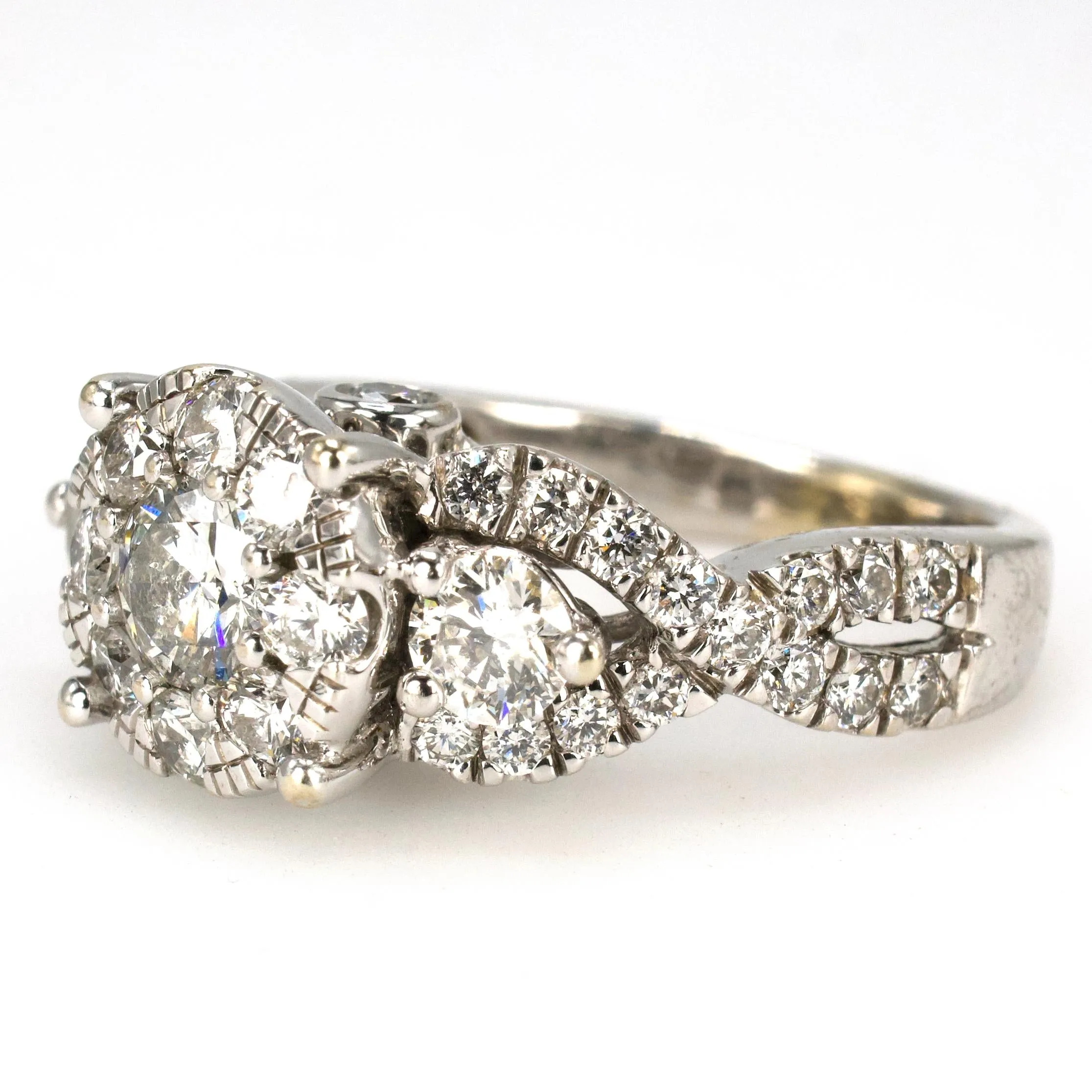 14K White Gold Diamond Cluster Bridal Set with Halo, Accent Diamonds and Fitted Band