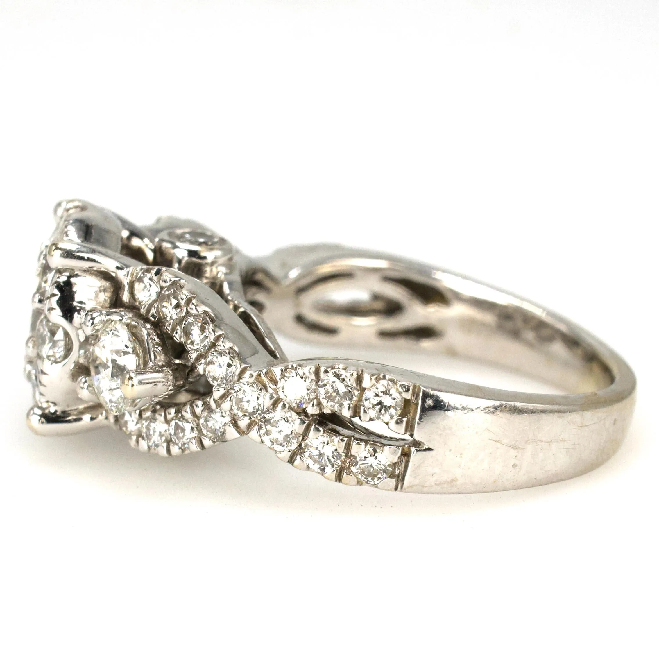 14K White Gold Diamond Cluster Bridal Set with Halo, Accent Diamonds and Fitted Band