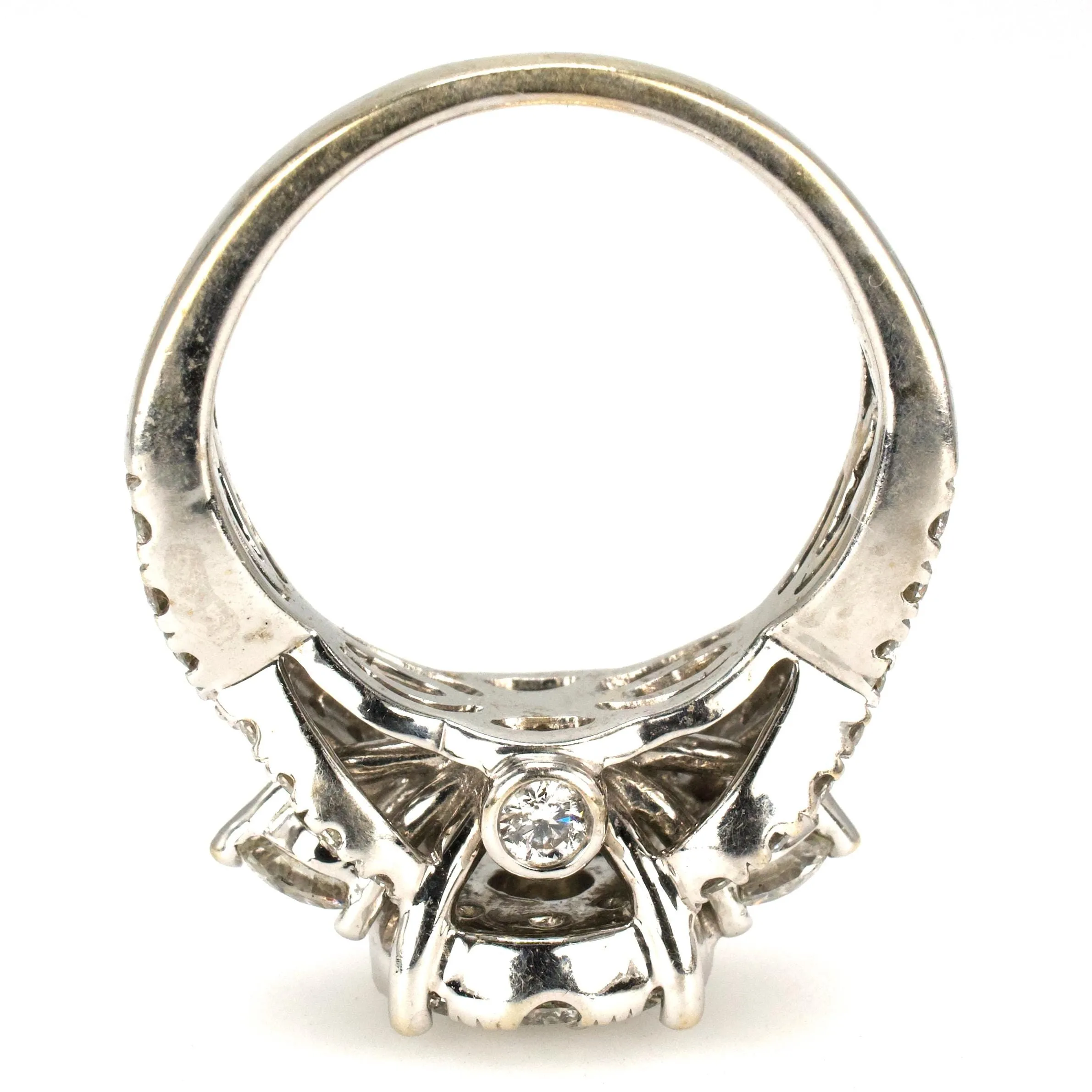 14K White Gold Diamond Cluster Bridal Set with Halo, Accent Diamonds and Fitted Band