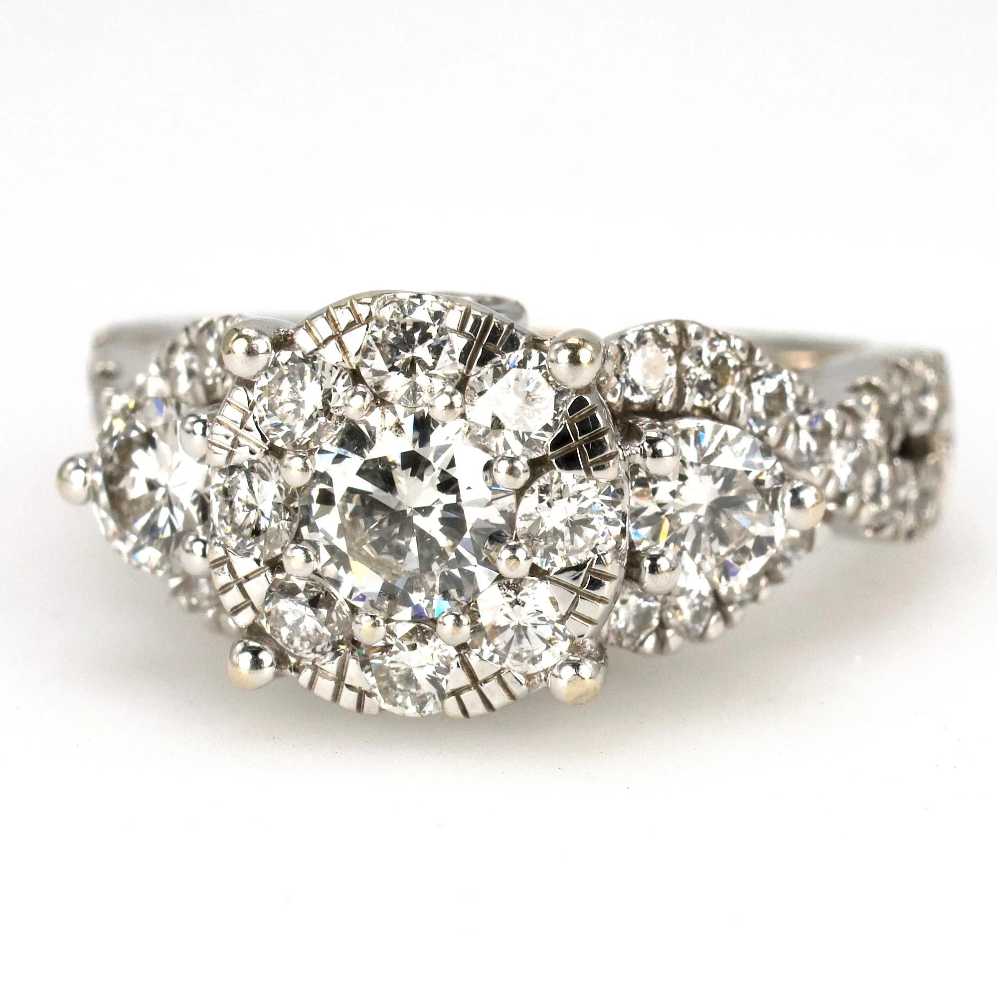 14K White Gold Diamond Cluster Bridal Set with Halo, Accent Diamonds and Fitted Band