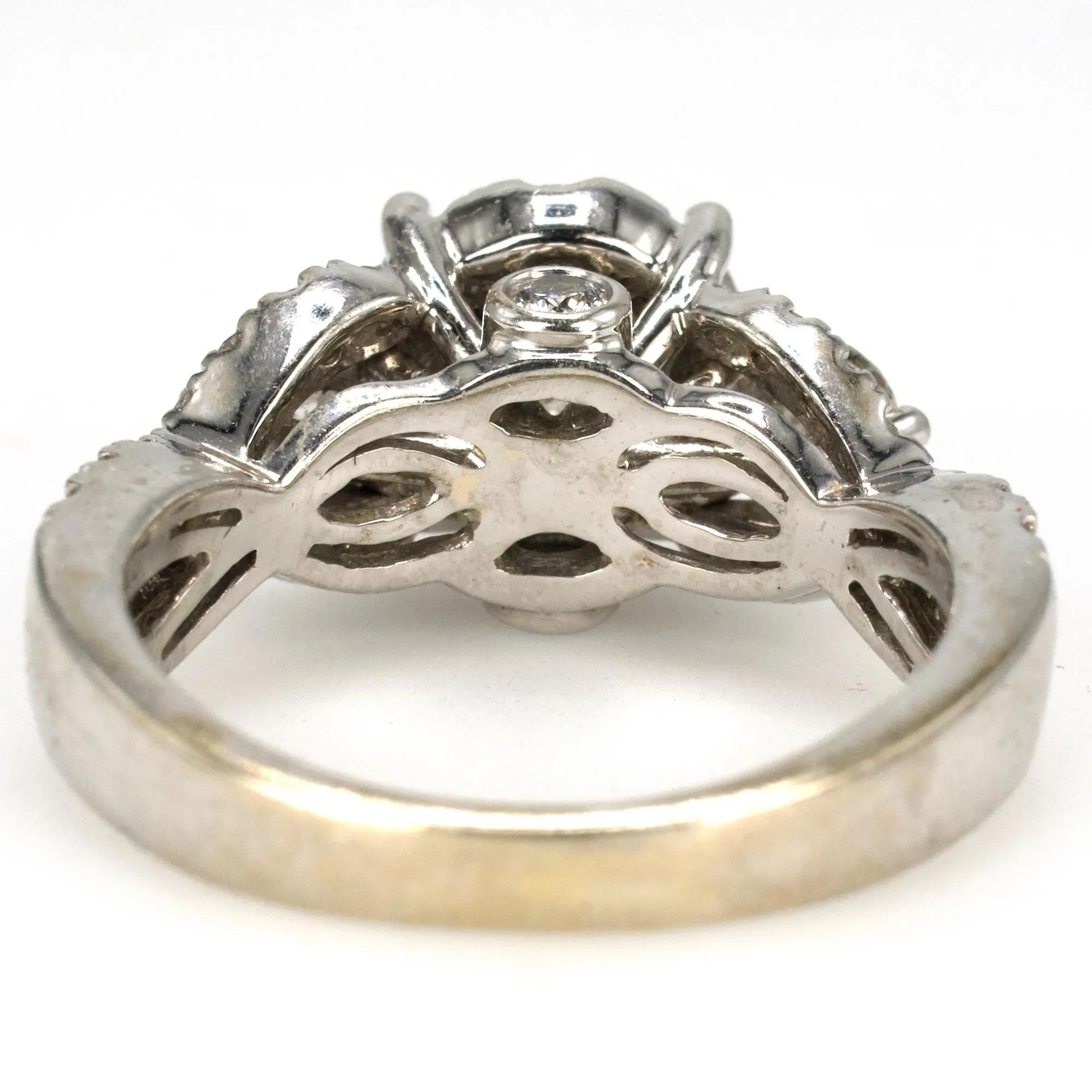 14K White Gold Diamond Cluster Bridal Set with Halo, Accent Diamonds and Fitted Band