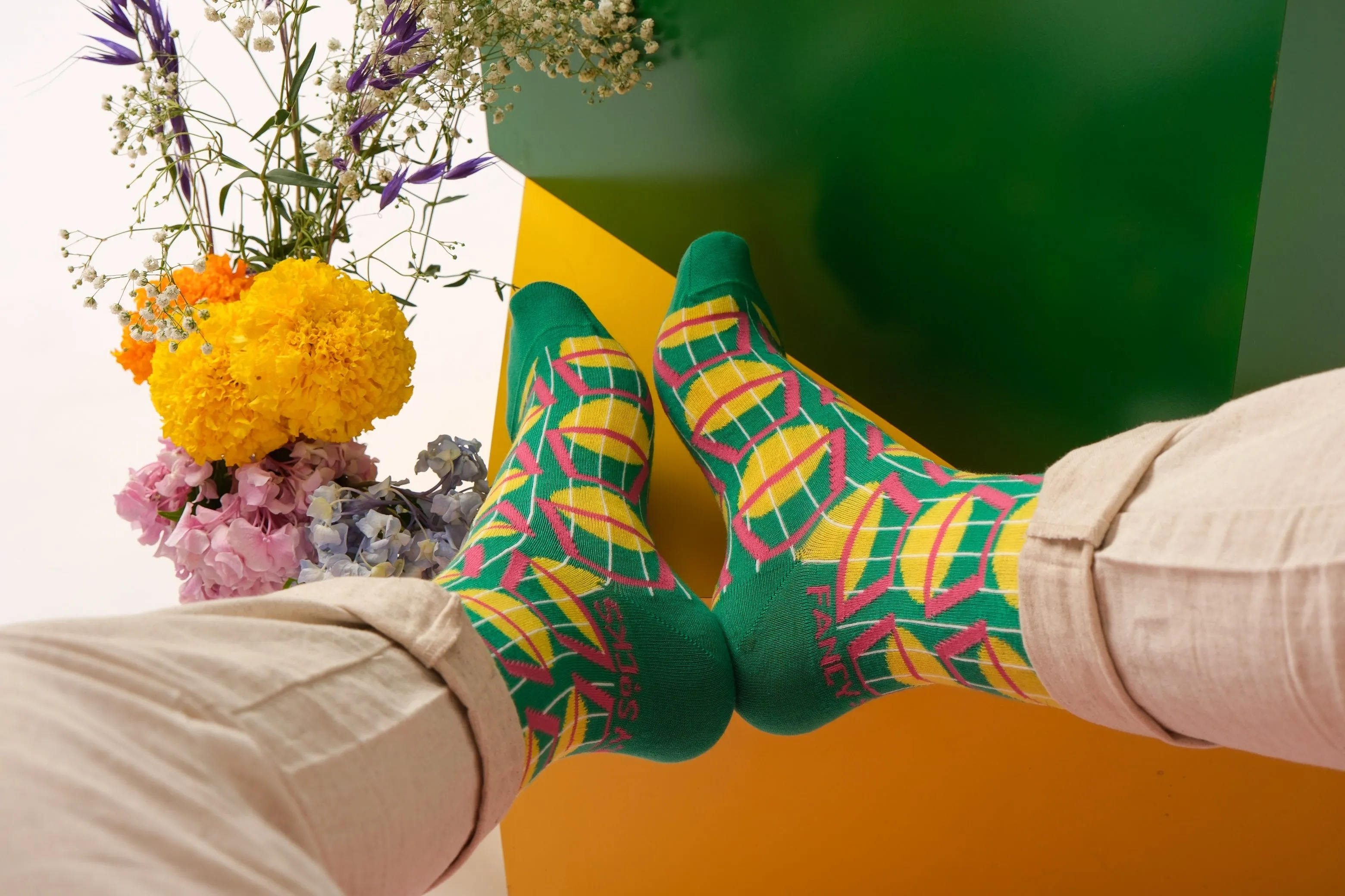 2 Pack Yellow and Green Geometric Socks