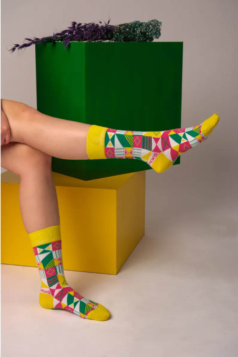 2 Pack Yellow and White Geometric Socks