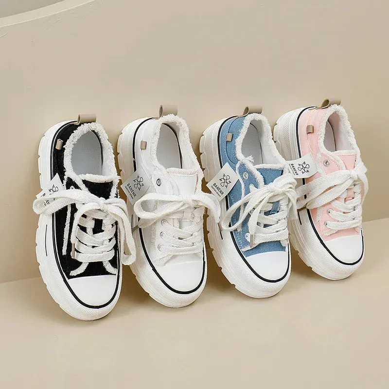2023 Autumn New Women's Canva Shoes Thick Soles Round Head Fringed Denim Casual Shoes Increased Height Sports 606