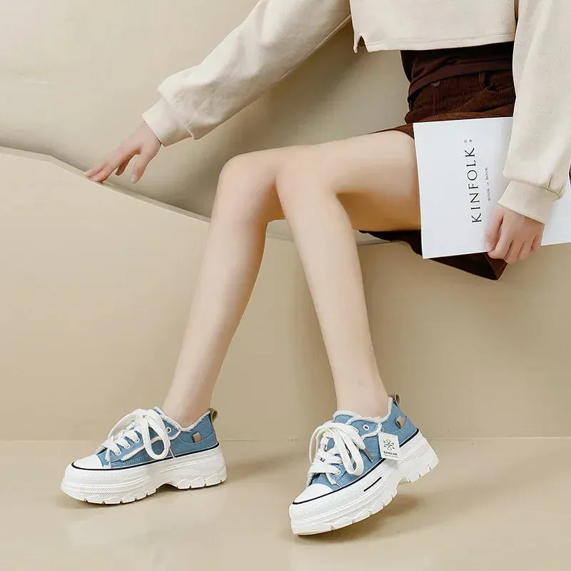 2023 Autumn New Women's Canva Shoes Thick Soles Round Head Fringed Denim Casual Shoes Increased Height Sports 606