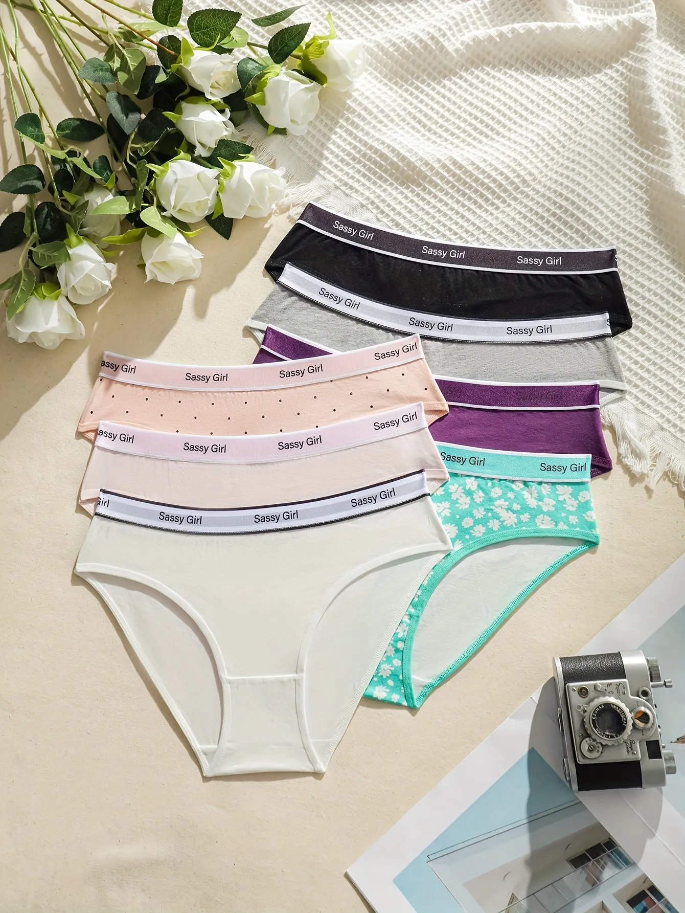 7pcs Colorblock Letter Tape Briefs - Comfy, Breathable & Stretchy Women's Intimates Panties