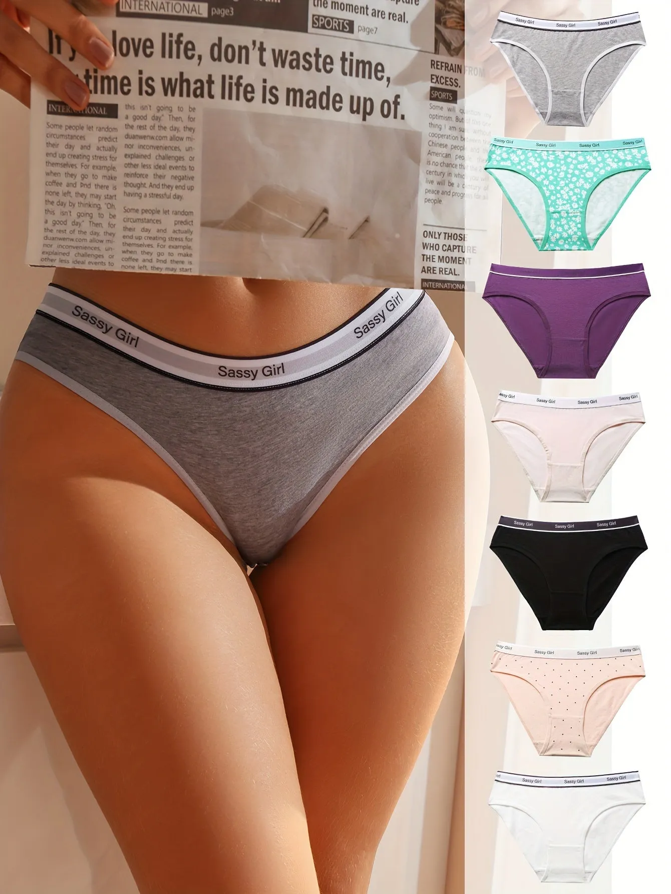 7pcs Colorblock Letter Tape Briefs - Comfy, Breathable & Stretchy Women's Intimates Panties