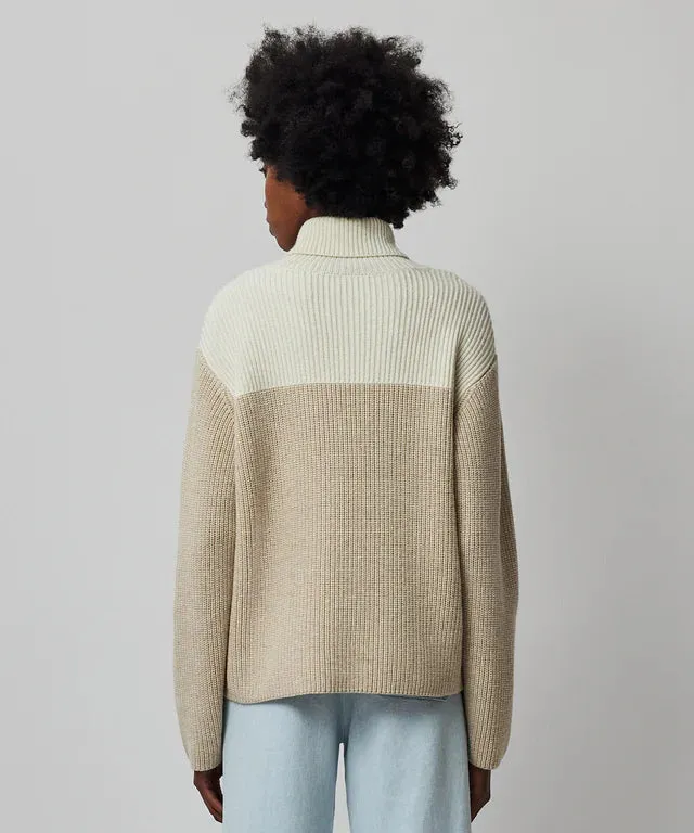 ATM Wool Blend Colorblock Turtleneck Sweater - Beige Combo