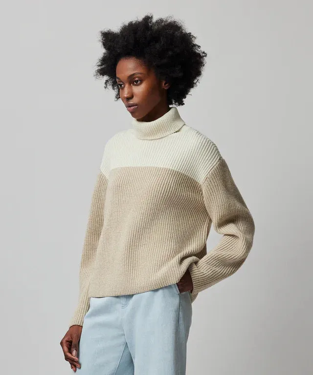 ATM Wool Blend Colorblock Turtleneck Sweater - Beige Combo