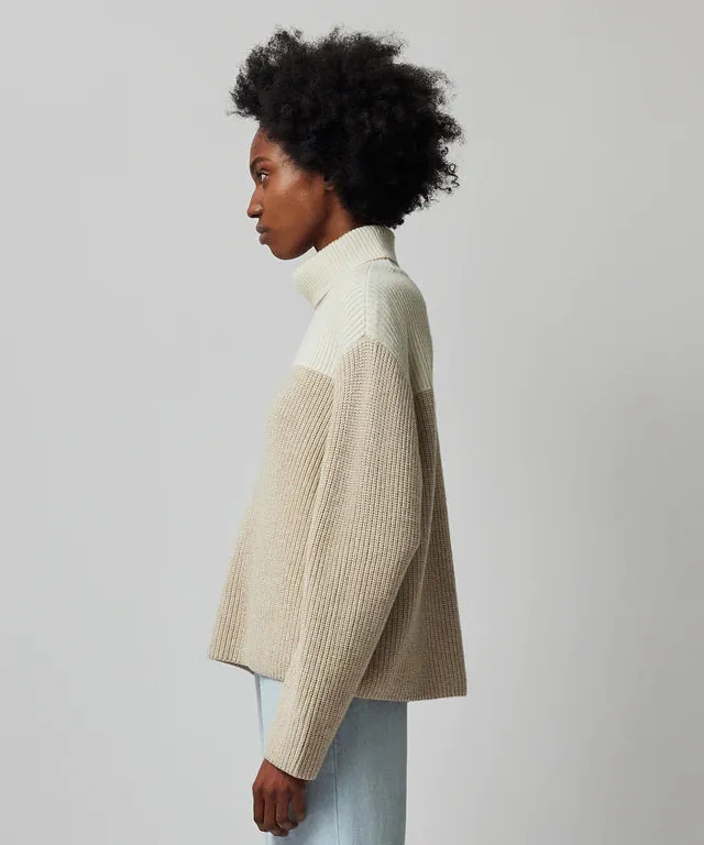 ATM Wool Blend Colorblock Turtleneck Sweater - Beige Combo