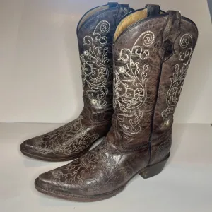 BeautifulTeen Girls Western cowboy Boots. Brown &amp; ivory stitching.  4 teen