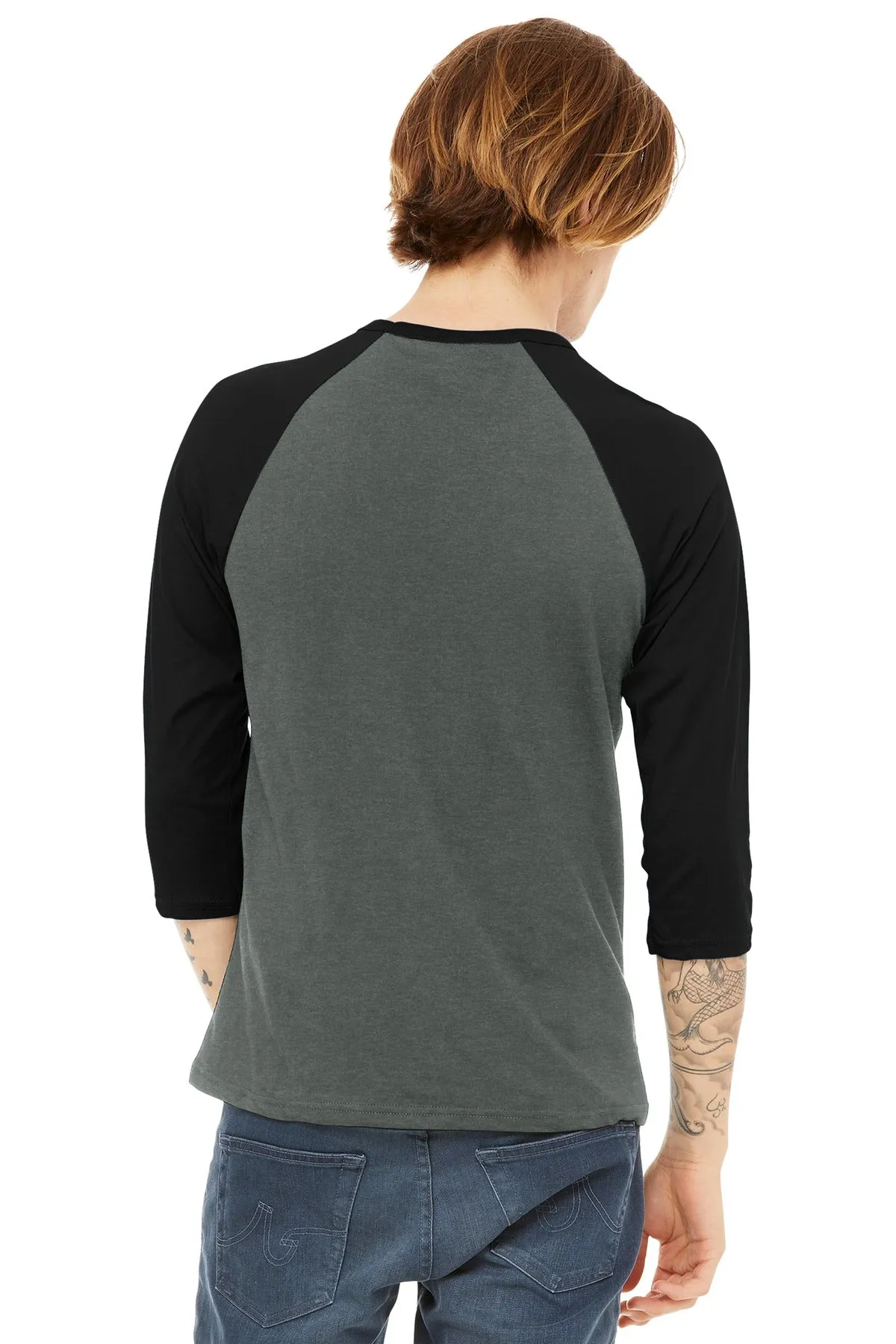BELLA CANVAS  Unisex 3/4-Sleeve Baseball Tee. BC3200 Deep Heather/ Black