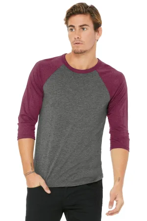 BELLA CANVAS  Unisex 3/4-Sleeve Baseball Tee. BC3200 Grey/ Maroon Triblend