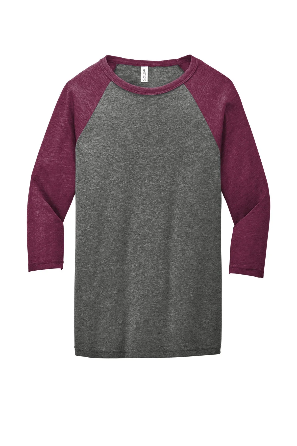 BELLA CANVAS  Unisex 3/4-Sleeve Baseball Tee. BC3200 Grey/ Maroon Triblend