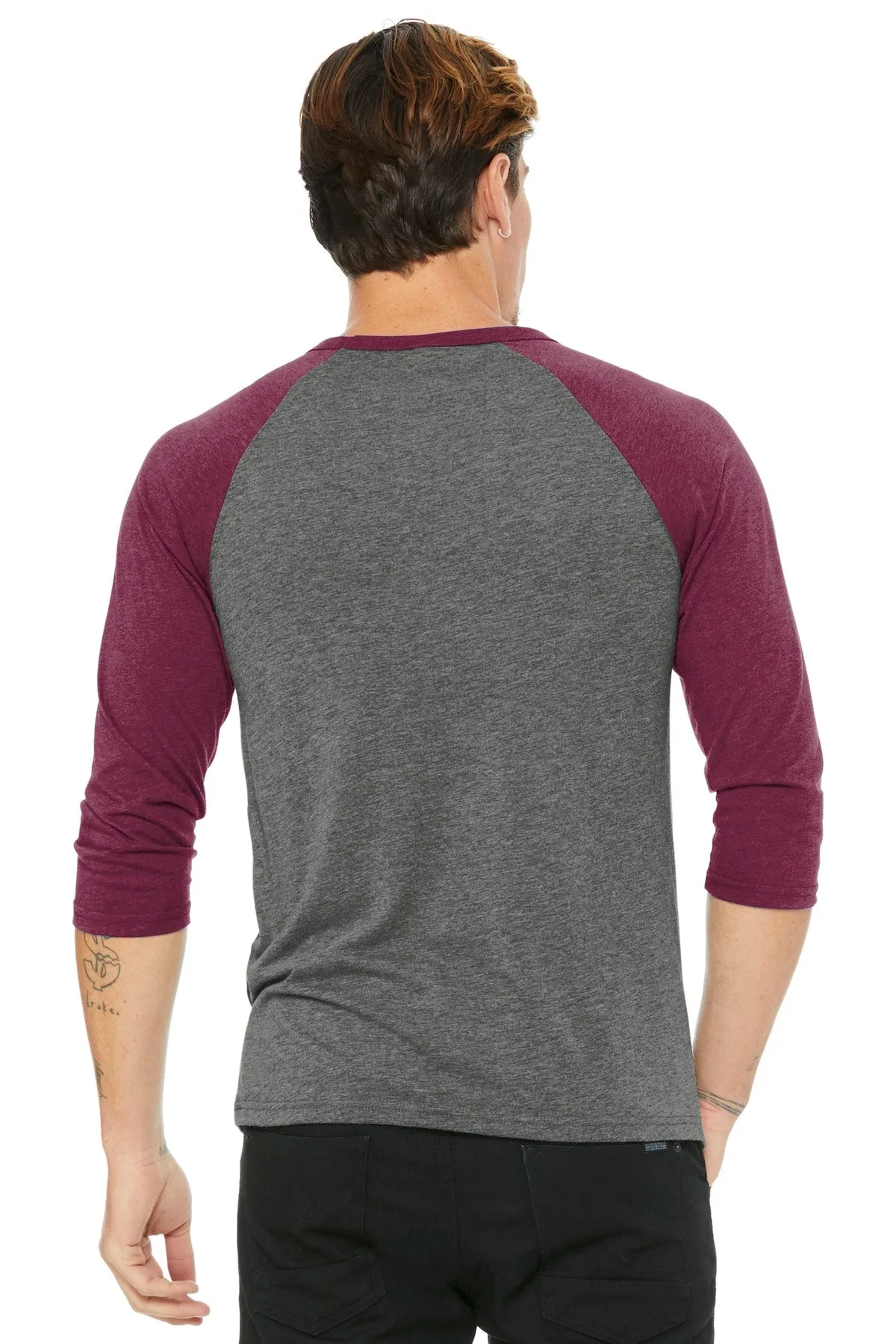 BELLA CANVAS  Unisex 3/4-Sleeve Baseball Tee. BC3200 Grey/ Maroon Triblend