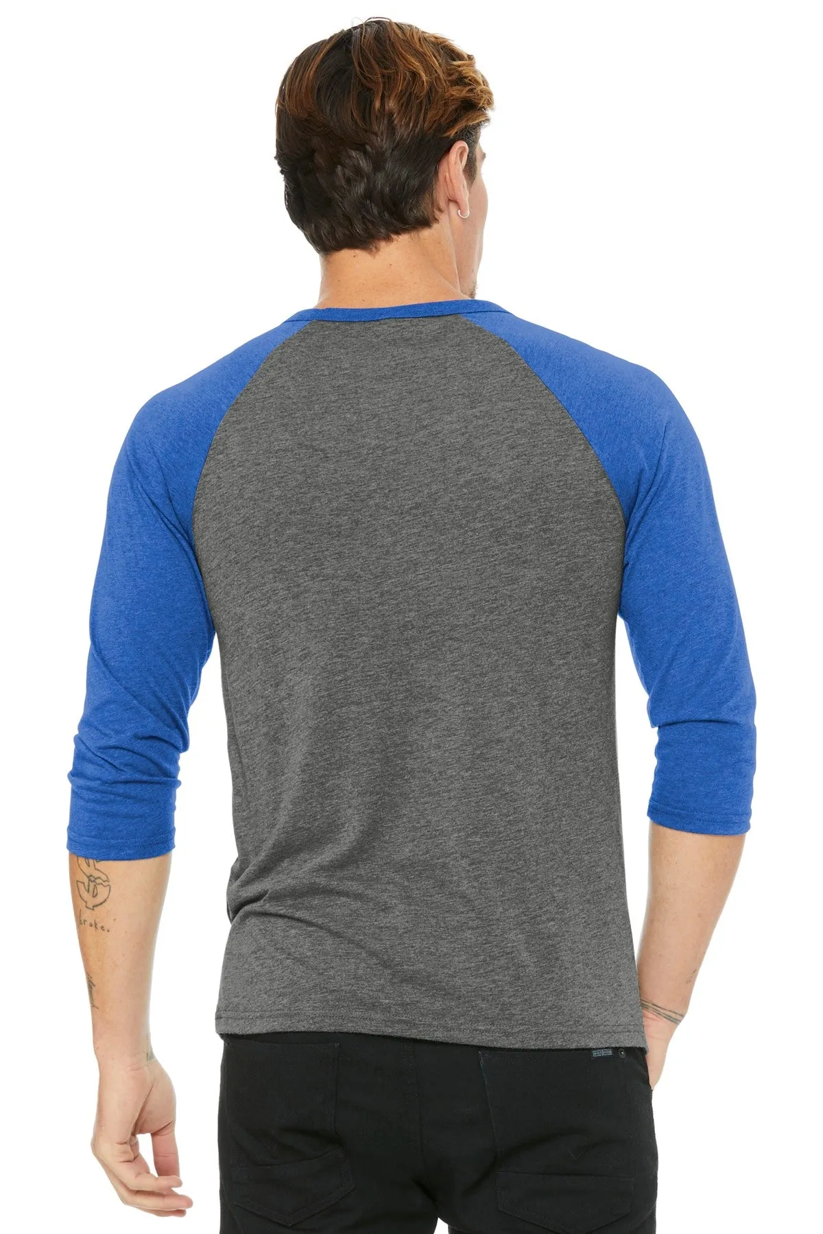 BELLA CANVAS  Unisex 3/4-Sleeve Baseball Tee. BC3200 Grey/ True Royal Triblend