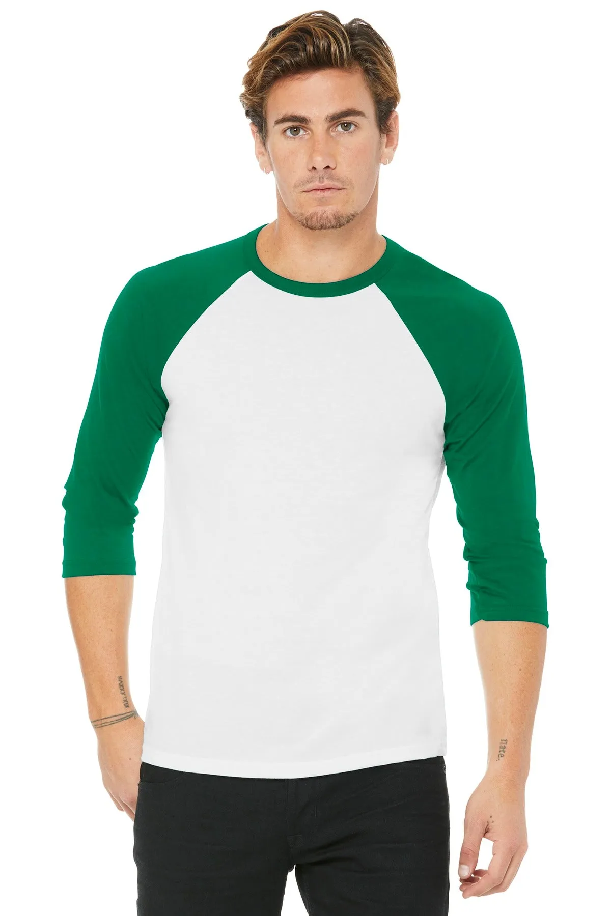 BELLA CANVAS  Unisex 3/4-Sleeve Baseball Tee. BC3200 White/ Kelly