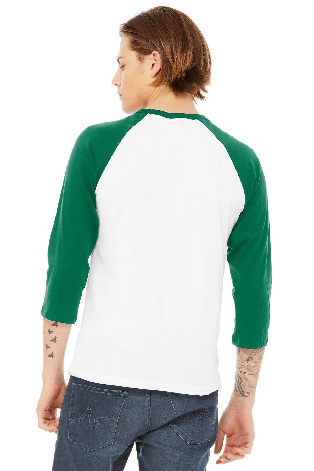 BELLA CANVAS  Unisex 3/4-Sleeve Baseball Tee. BC3200 White/ Kelly