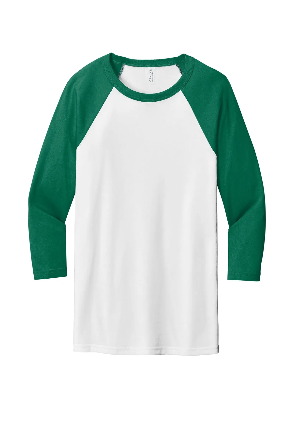 BELLA CANVAS  Unisex 3/4-Sleeve Baseball Tee. BC3200 White/ Kelly