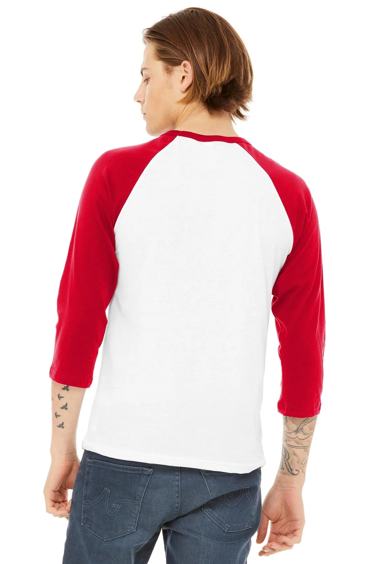 BELLA CANVAS  Unisex 3/4-Sleeve Baseball Tee. BC3200 White/ Red