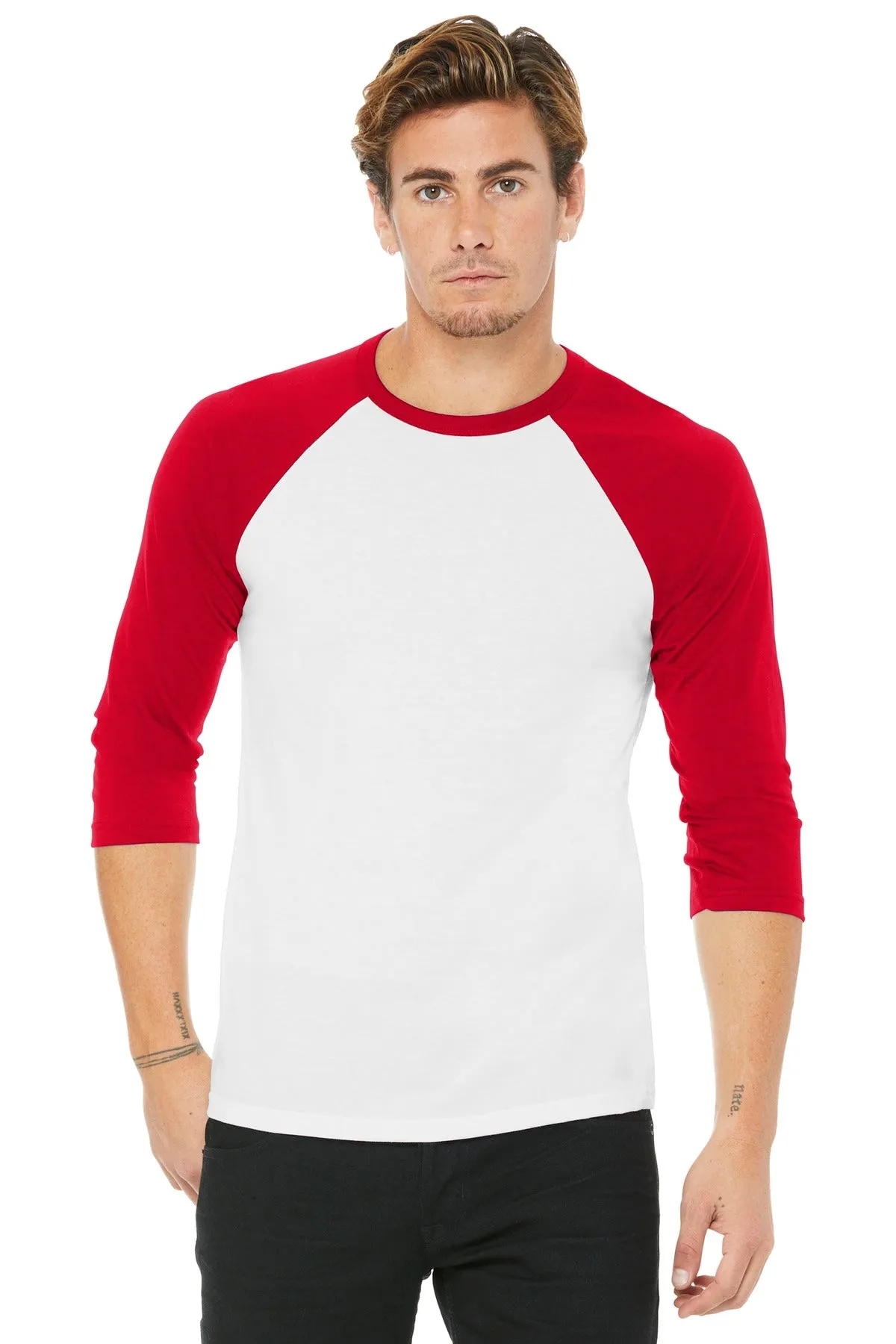 BELLA CANVAS  Unisex 3/4-Sleeve Baseball Tee. BC3200 White/ Red