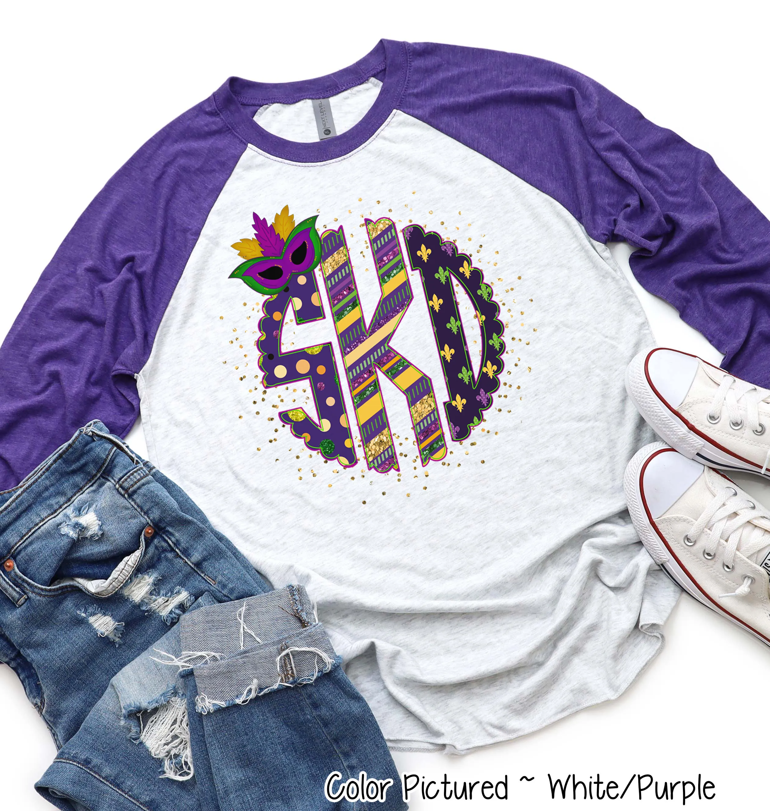Big Monogram Mardi Gras Print with Mask Accent Tee