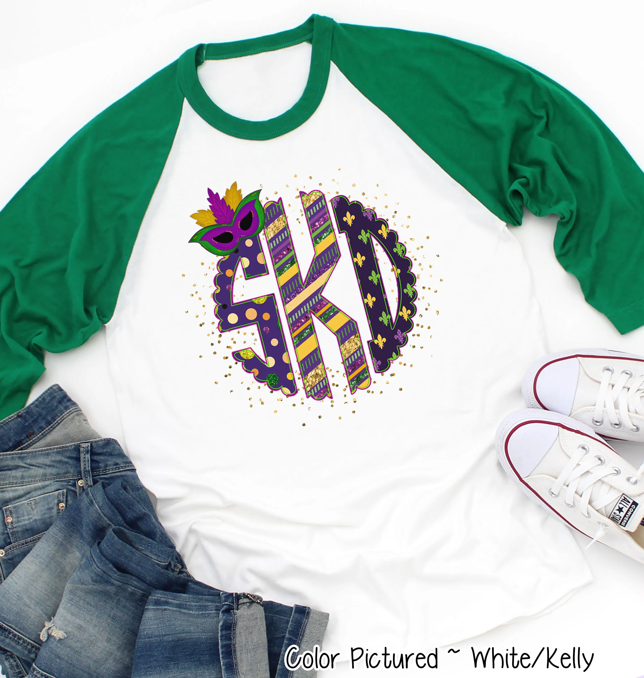Big Monogram Mardi Gras Print with Mask Accent Tee