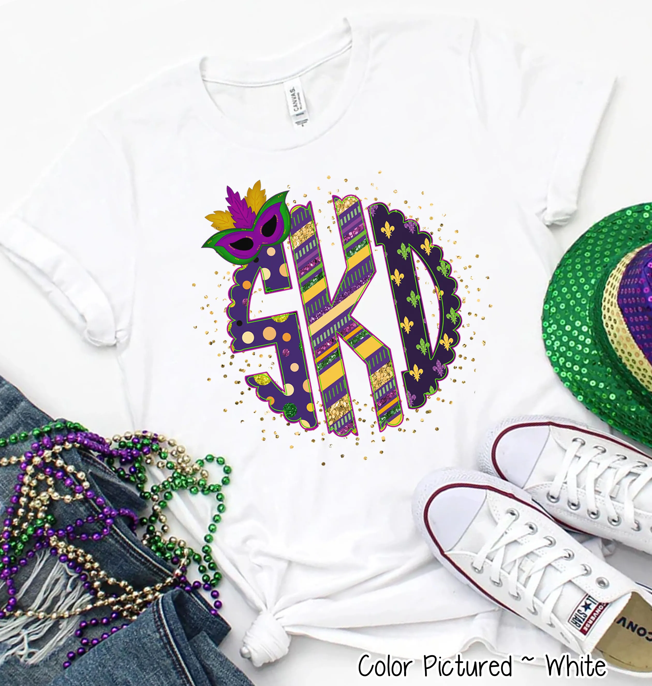 Big Monogram Mardi Gras Print with Mask Accent Tee