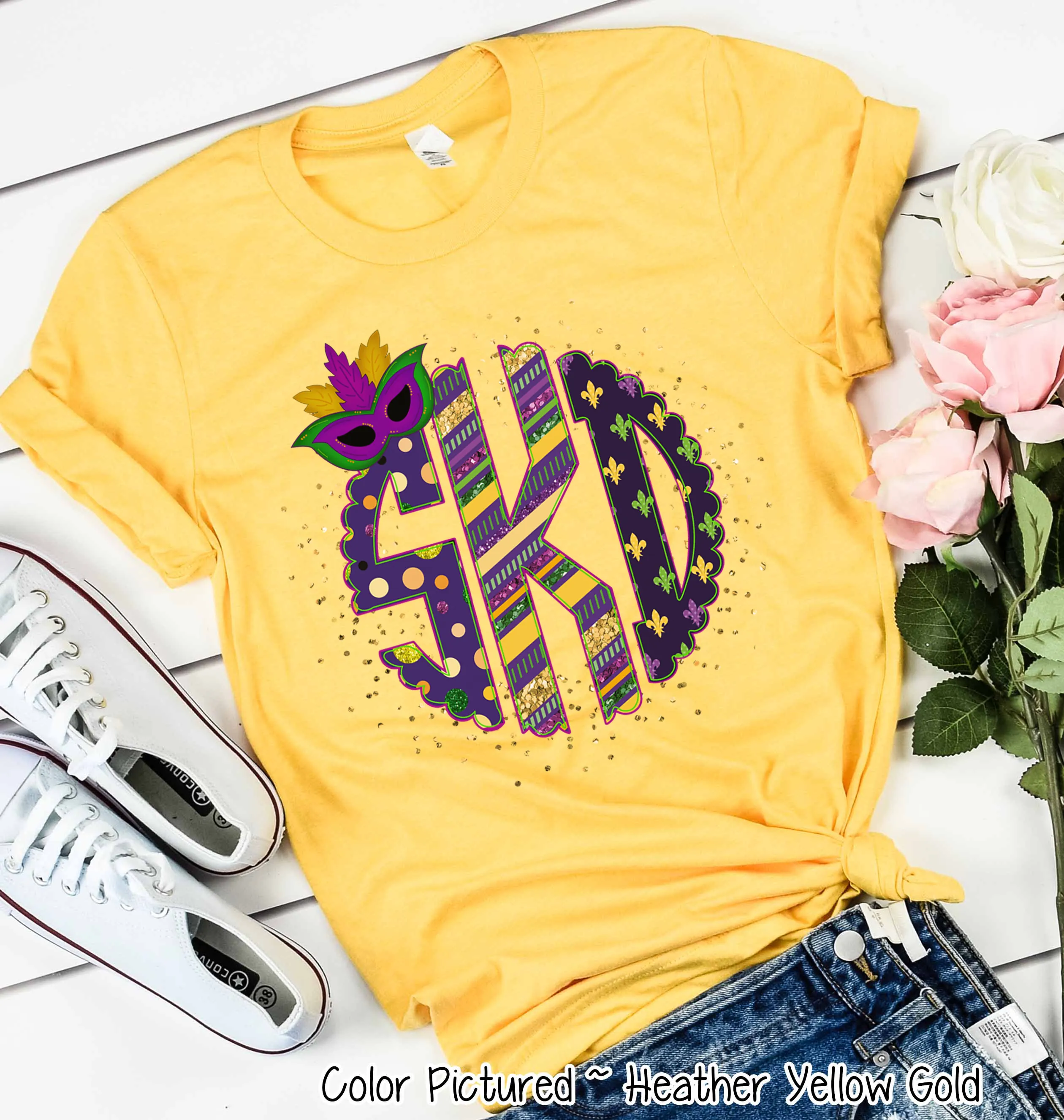 Big Monogram Mardi Gras Print with Mask Accent Tee