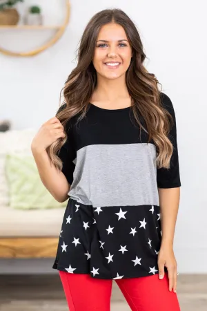 Black and Grey Star Print Colorblock Top