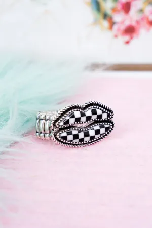 Black Checkered Lips Stretch Ring