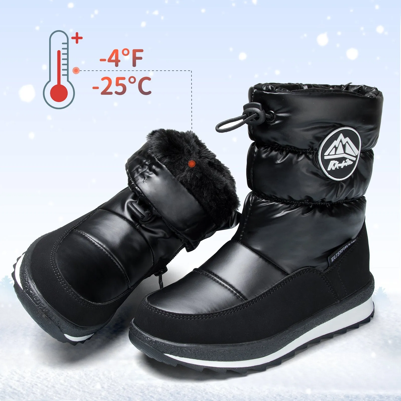 Black Glossy Winter Outdoor Waterproof Snow Boots