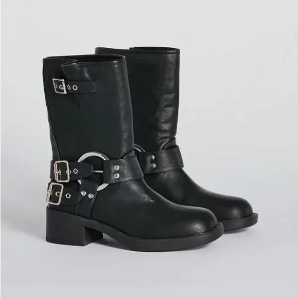 BLACK MOTO COMBAT BIKER BUCKLE BOOTIES