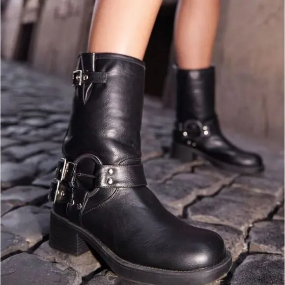 BLACK MOTO COMBAT BIKER BUCKLE BOOTIES