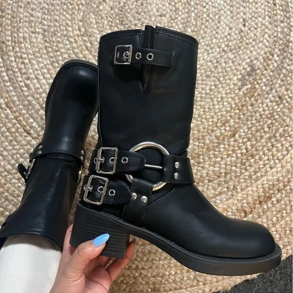BLACK MOTO COMBAT BIKER BUCKLE BOOTIES