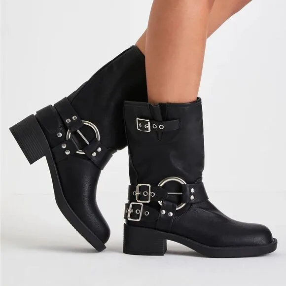 BLACK MOTO COMBAT BIKER BUCKLE BOOTIES