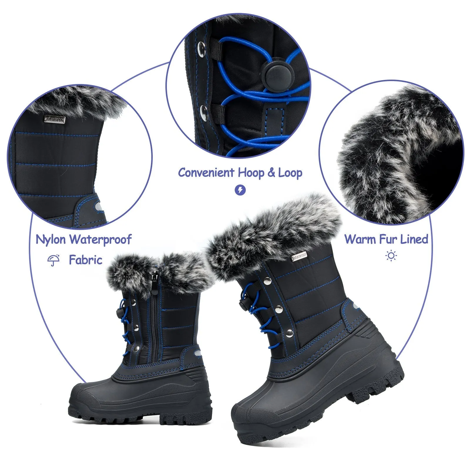 Black/Blue Fur Collar Non-Slip Snow Boots