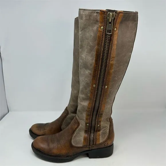Born Knee High Two Tone Brown Leather Riding Boots Size 6.5 Outside Zipper