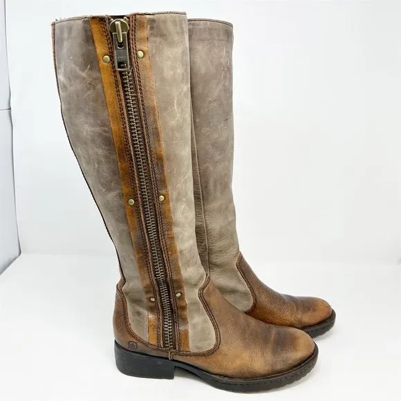 Born Knee High Two Tone Brown Leather Riding Boots Size 6.5 Outside Zipper