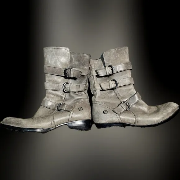 Born Women's Gray Leather Buckle Boots.  Zip Entry Sz 8