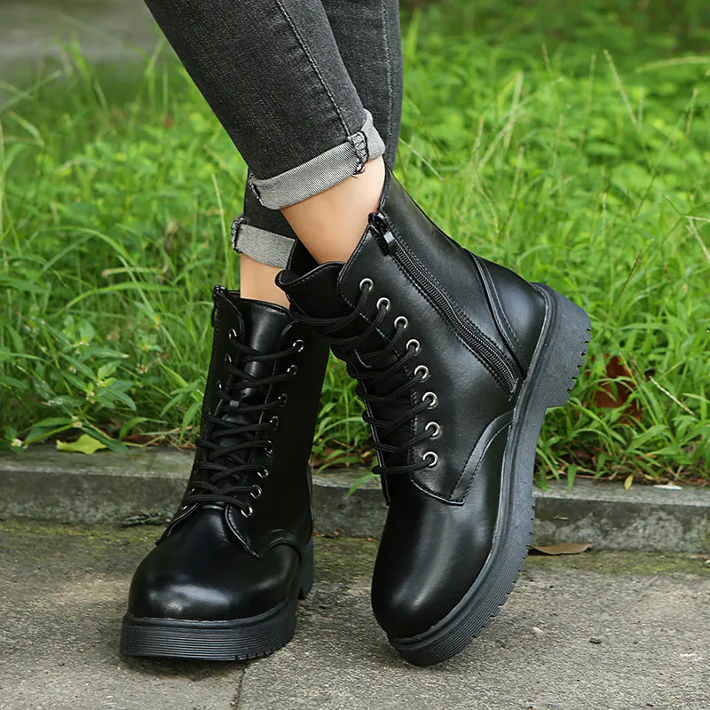 British Style Short Round Toe Thick Heel Side Zipper Women's Boots