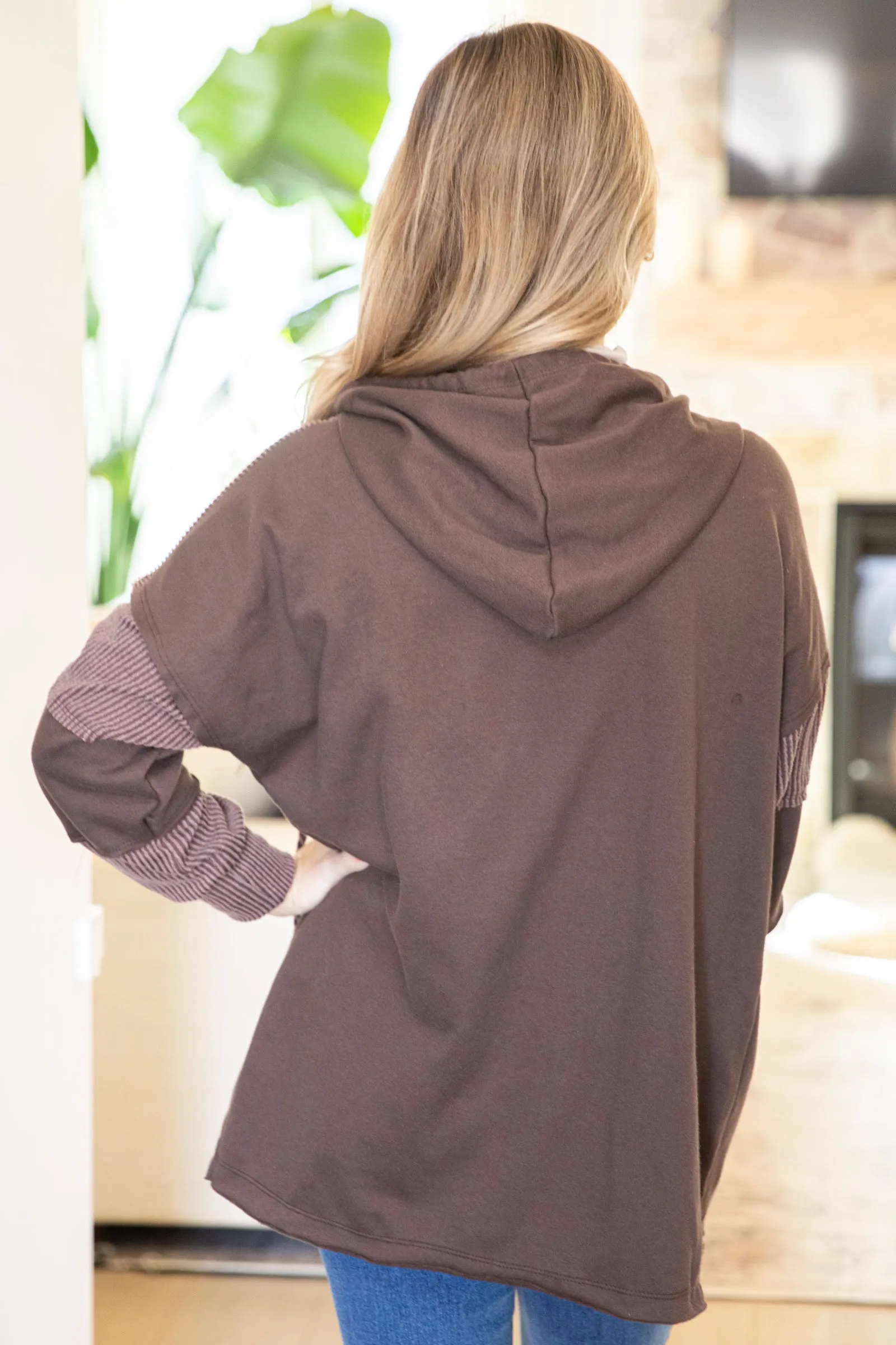 Brown Ribbed Button Front Top With Hood