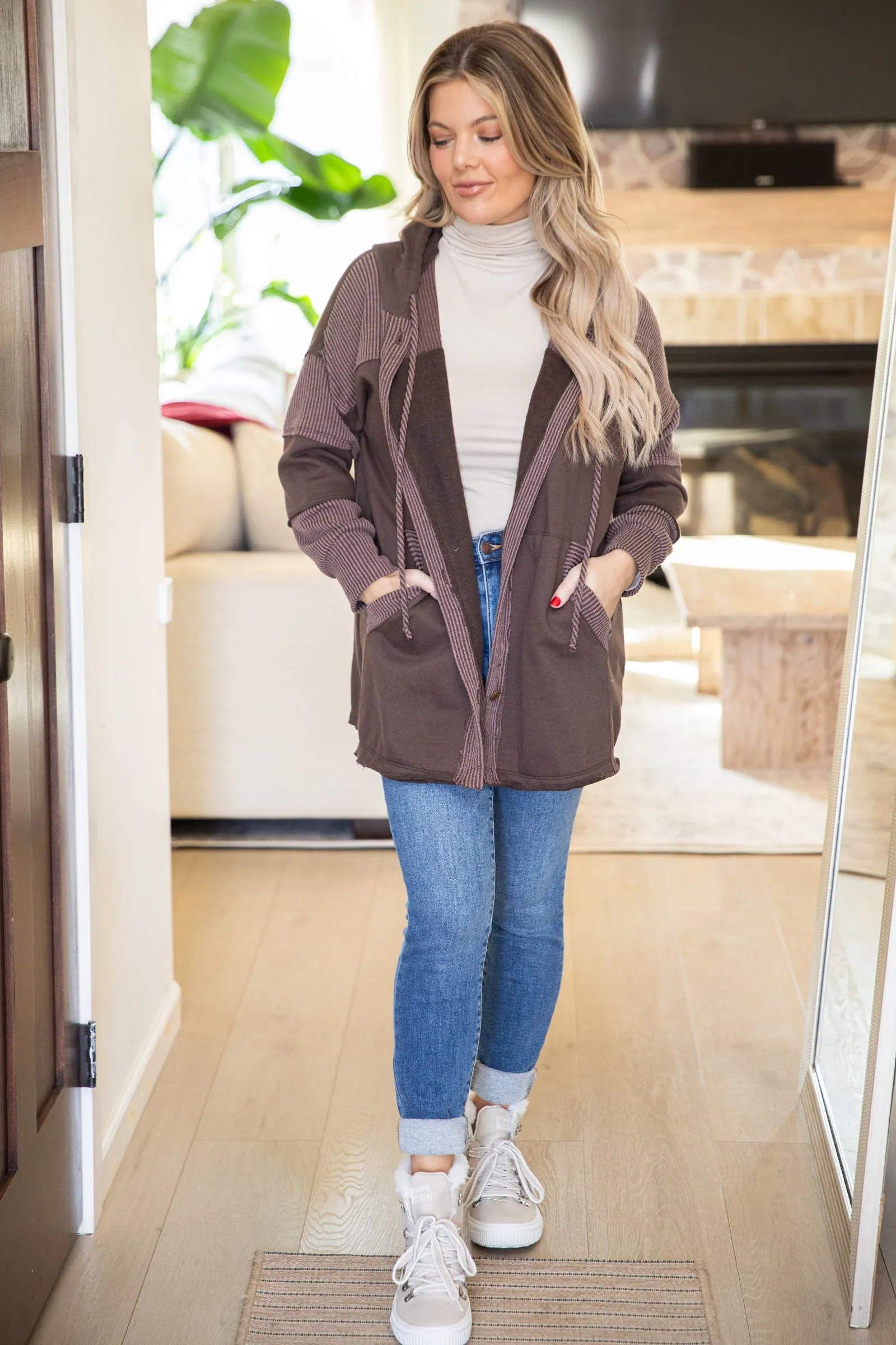Brown Ribbed Button Front Top With Hood