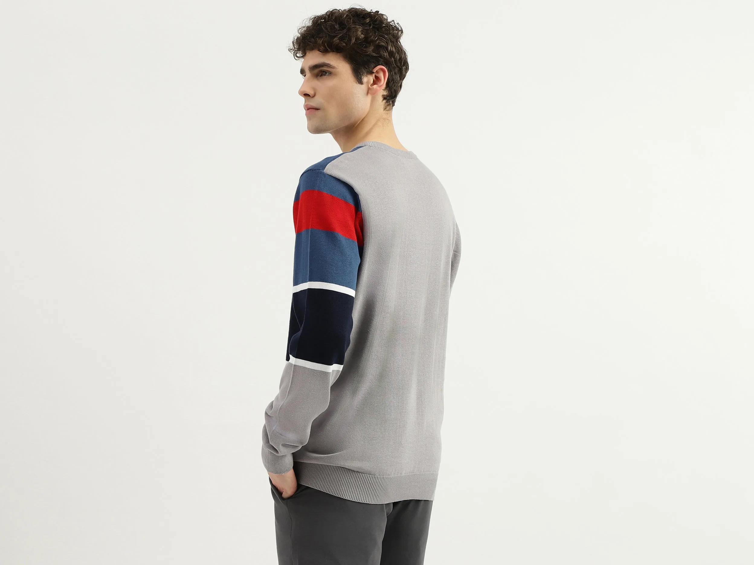 Buy Men's Dark Gray Regular Fit Round Neck Colorblock Sweater