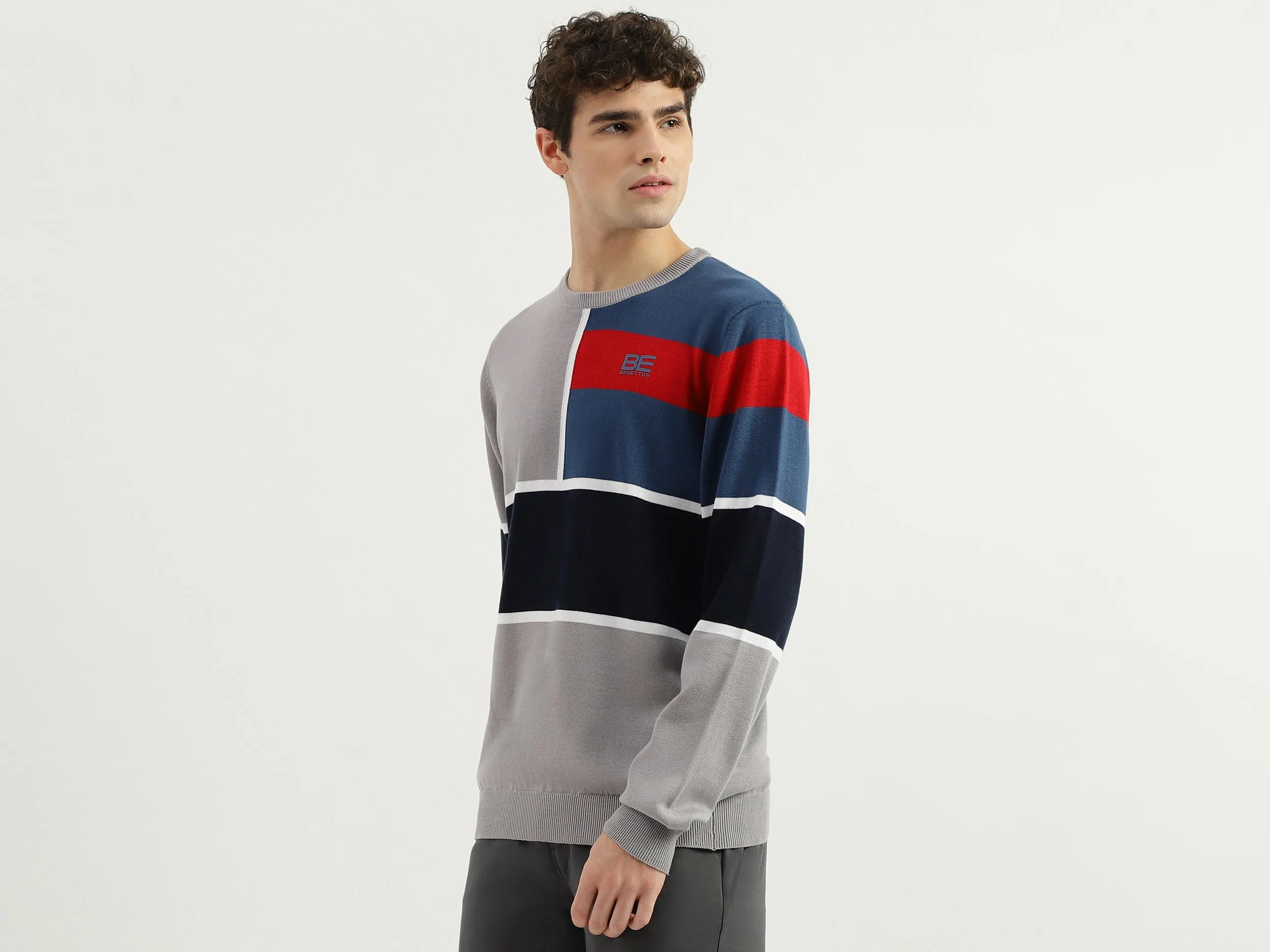 Buy Men's Dark Gray Regular Fit Round Neck Colorblock Sweater