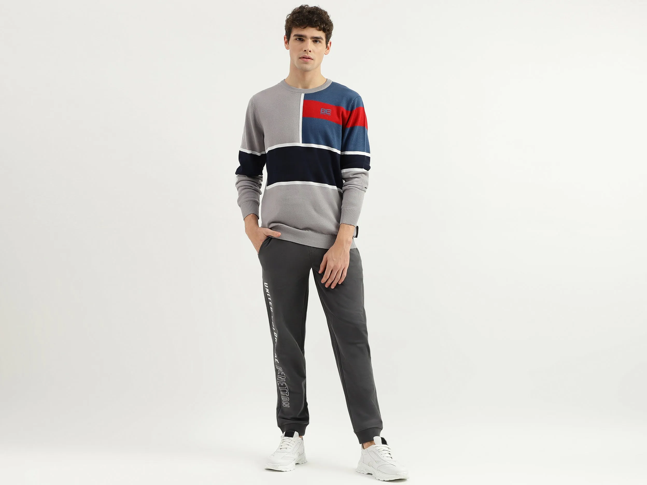 Buy Men's Dark Gray Regular Fit Round Neck Colorblock Sweater