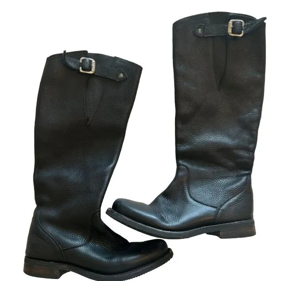 Caboras Women’s 7.5 Black Leather Boots Tall Buckle Motorcycle Riding Zip Up‎