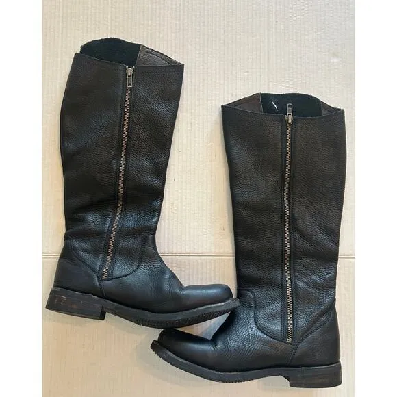 Caboras Women’s 7.5 Black Leather Boots Tall Buckle Motorcycle Riding Zip Up‎