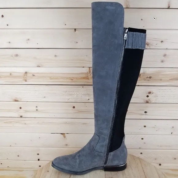 Calvin Klein Priya OTK Women's 5.5M Grey/Black Suede/Leather Over Knee Boots NEW