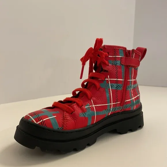 Camper | Kids' Brutus plaid leather lace-up boots (with side zip)